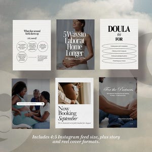 May include: A collection of six Instagram post templates with text about childbirth and doula services. The templates include phrases like "When fear around birth shows up," "5 Ways to Labor at Home Longer," and "Doula is for." The image includes a 4:5 Instagram feed size.