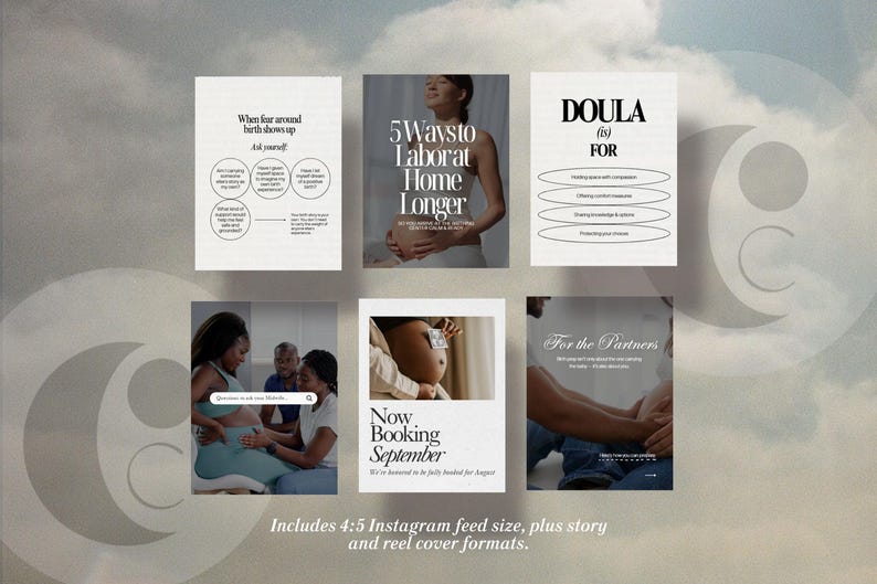 May include: A collection of six Instagram post templates with text about childbirth and doula services. The templates include phrases like "When fear around birth shows up," "5 Ways to Labor at Home Longer," and "Doula is for." The image includes a 4:5 Instagram feed size.