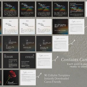 May include: A set of 90 editable Instagram post templates with captions for a carousel post about shadow work. The templates feature black backgrounds with white text and a rainbow gradient effect. The text includes phrases like "What is Shadow Work?" and "Myths about Shadow Work".