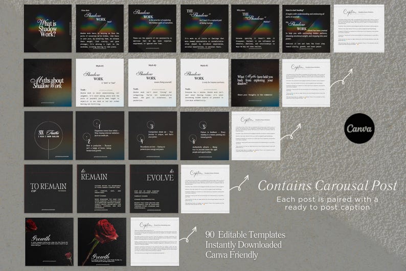 May include: A set of 90 editable Instagram post templates with captions for a carousel post about shadow work. The templates feature black backgrounds with white text and a rainbow gradient effect. The text includes phrases like "What is Shadow Work?" and "Myths about Shadow Work".
