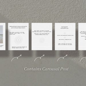 Puede incluir: Una serie de cinco tarjetas blancas con texto e ilustraciones, dispuestas sobre una superficie gris texturizada. Las tarjetas presentan citas y gr&aacute;ficos relacionados con la terapia y el autocuidado. Las palabras "Contains Carousal Post" est&aacute;n escritas en el centro.