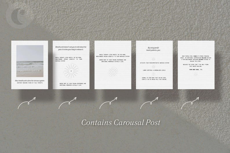 Puede incluir: Una serie de cinco tarjetas blancas con texto e ilustraciones, dispuestas sobre una superficie gris texturizada. Las tarjetas presentan citas y gr&aacute;ficos relacionados con la terapia y el autocuidado. Las palabras "Contains Carousal Post" est&aacute;n escritas en el centro.