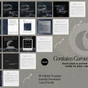 May include: A set of 90 editable Instagram post templates with a dark color scheme and a moon and stars theme. The templates are designed for Canva and include captions for each post.