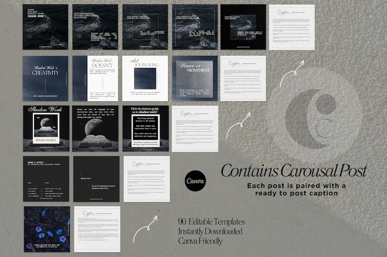 May include: A set of 90 editable Instagram post templates with a dark color scheme and a moon and stars theme. The templates are designed for Canva and include captions for each post.