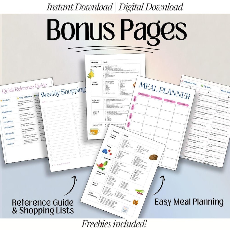 Puede incluir: Una colecci&oacute;n de p&aacute;ginas digitales imprimibles con el texto "Bonus Pages". Incluye una gu&iacute;a de referencia r&aacute;pida, listas de compras semanales y un planificador de comidas. Tambi&eacute;n se ve el texto "Reference Guide & Shopping Lists" y "Easy Meal Planning".