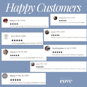 May include: A collage of customer reviews for a digital product. The reviews are positive and highlight the quality of the product. The reviews are from various customers and include dates and star ratings.