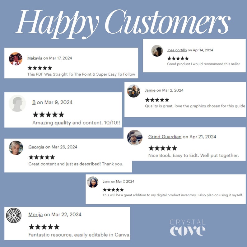 May include: A collage of customer reviews for a digital product. The reviews are positive and highlight the quality of the product. The reviews are from various customers and include dates and star ratings.