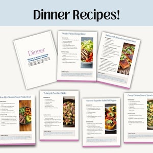 Puede incluir: Un conjunto de tarjetas de recetas con el t&iacute;tulo "Dinner Recipes!" y varias opciones de comidas. Las tarjetas presentan recetas como "Protein-Packed Burger Bowl" y "Salmon with Avocado Cucumber Salsa", con im&aacute;genes de los platos terminados.