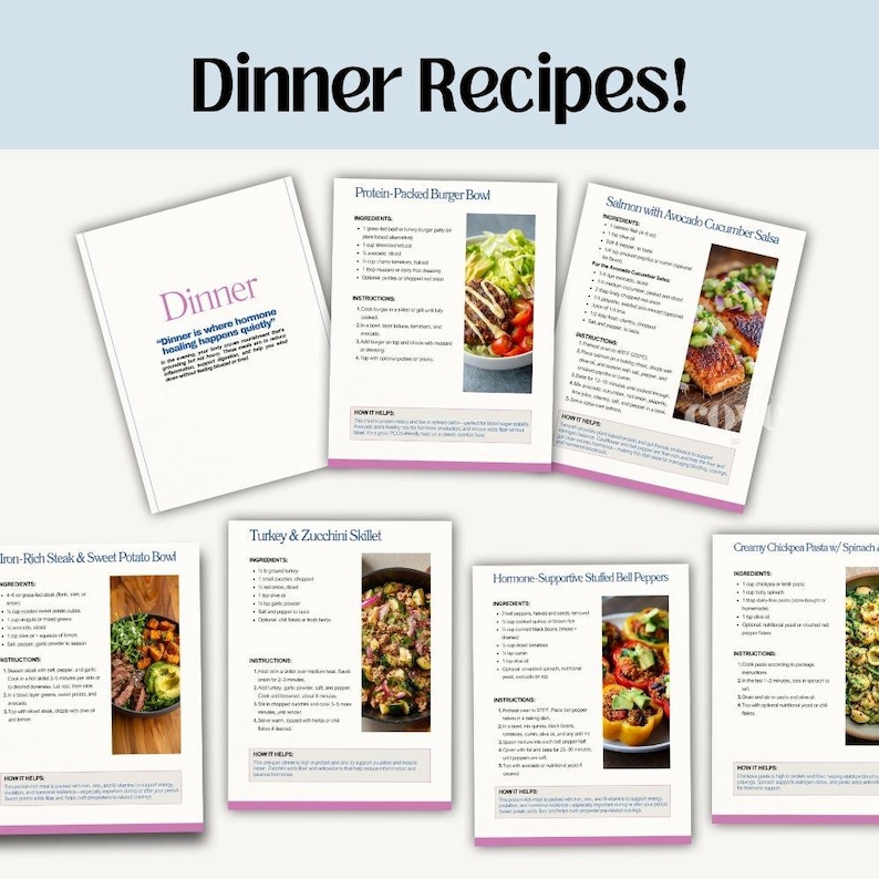 Puede incluir: Un conjunto de tarjetas de recetas con el t&iacute;tulo "Dinner Recipes!" y varias opciones de comidas. Las tarjetas presentan recetas como "Protein-Packed Burger Bowl" y "Salmon with Avocado Cucumber Salsa", con im&aacute;genes de los platos terminados.