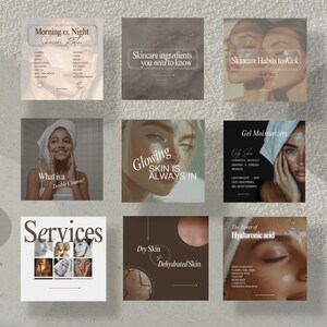 May include: A collage of nine Instagram-style images with a skincare theme. The images feature close-ups of faces, text about skincare ingredients, and tips for healthy skin.