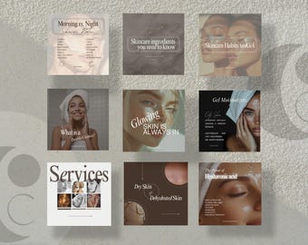 May include: A collage of nine Instagram-style images with a skincare theme. The images feature close-ups of faces, text about skincare ingredients, and tips for healthy skin.