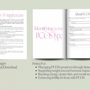 Pu&ograve; includere: Una guida digitale scaricabile in rosa e bianco per gestire i sintomi della PCOS. La guida include informazioni sull'identificazione del tuo tipo di PCOS, sugli integratori e sui cambiamenti nella dieta. Il testo sulla copertina dice "Identificare il tuo tipo di PCOS" e "PCOS surrenale".