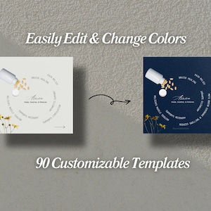 May include: Two versions of a customizable template for a product label. The template features a white bottle with pills spilling out and a circle of text around it. The text includes the words "Hair, Skin, & Nails" and "Support, Recovery, & Wellness". The left template is white with black text and the right template is blue with white text.