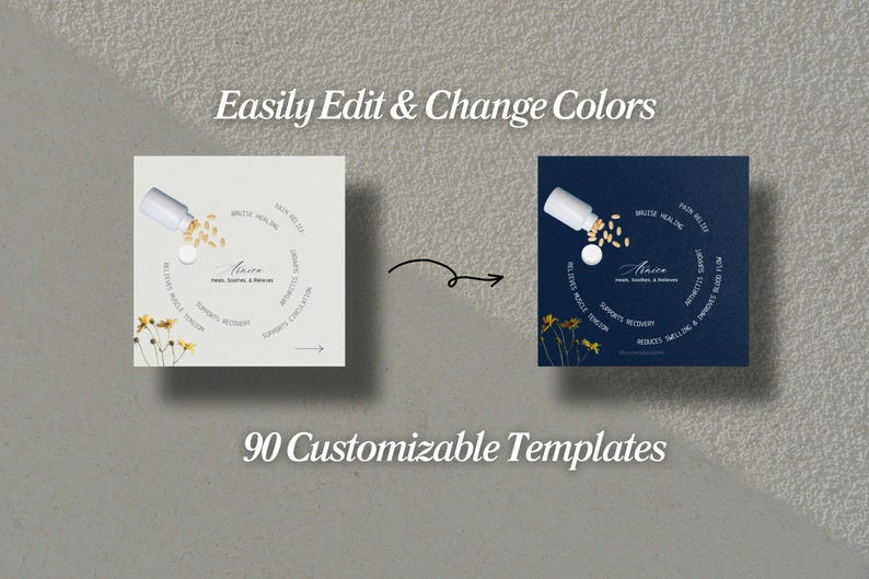 May include: Two versions of a customizable template for a product label. The template features a white bottle with pills spilling out and a circle of text around it. The text includes the words "Hair, Skin, & Nails" and "Support, Recovery, & Wellness". The left template is white with black text and the right template is blue with white text.