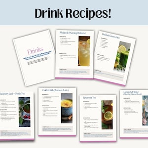 Puede incluir: Tarjetas de recetas de bebidas como Refrescante matutino metab&oacute;lico, Jugo verde deshinchar, Leche dorada, T&eacute; de hoja de frambuesa y ortiga, T&eacute; de hierbabuena y Agua con sal de lim&oacute;n. El t&iacute;tulo es "&iexcl;Recetas de bebidas!"