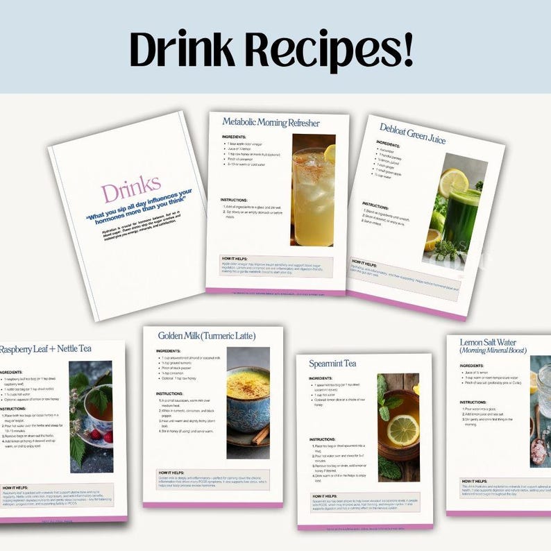 Puede incluir: Tarjetas de recetas de bebidas como Refrescante matutino metab&oacute;lico, Jugo verde deshinchar, Leche dorada, T&eacute; de hoja de frambuesa y ortiga, T&eacute; de hierbabuena y Agua con sal de lim&oacute;n. El t&iacute;tulo es "&iexcl;Recetas de bebidas!"