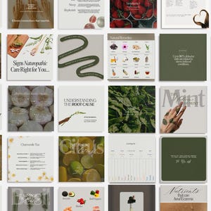 May include: A collection of 16 Instagram-style square images with a green and white color scheme. The images feature text about naturopathic medicine, health, and wellness. Some images include illustrations of plants, food, and other natural elements.