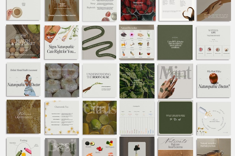 May include: A collection of 16 Instagram-style square images with a green and white color scheme. The images feature text about naturopathic medicine, health, and wellness. Some images include illustrations of plants, food, and other natural elements.