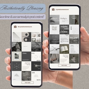 Op de afbeelding: Een smartphone die een raster van 16 zwart-wit afbeeldingen met tekstoverlays weergeeft. De afbeeldingen zijn gerelateerd aan zelfzorg, genezing en mindfulness. De tekst bevat zinnen als "Genezing is...", "Wees je bewust van je triggers", "Navigeren door moeilijke emoties", "Intenties voor deze week" en "Nieuwe maan". Het telefoonscherm toont ook de tekst "@crystalcontentcove" en "Nu posten".