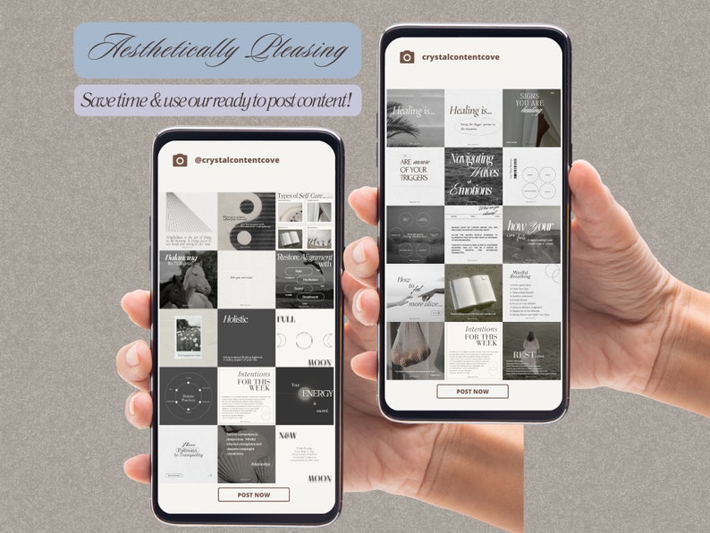 Op de afbeelding: Een smartphone die een raster van 16 zwart-wit afbeeldingen met tekstoverlays weergeeft. De afbeeldingen zijn gerelateerd aan zelfzorg, genezing en mindfulness. De tekst bevat zinnen als "Genezing is...", "Wees je bewust van je triggers", "Navigeren door moeilijke emoties", "Intenties voor deze week" en "Nieuwe maan". Het telefoonscherm toont ook de tekst "@crystalcontentcove" en "Nu posten".