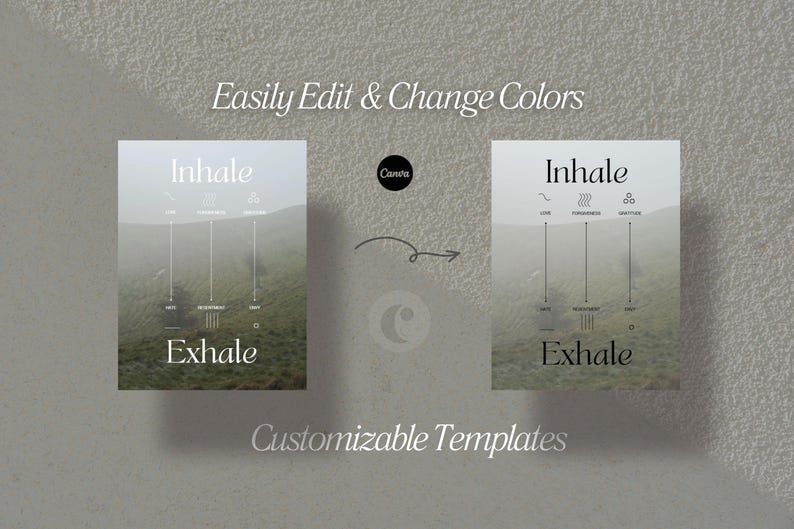 Puede incluir: Dos plantillas rectangulares blancas con las palabras "Inhale" y "Exhale" en un dise&ntilde;o minimalista. Las plantillas presentan un fondo de paisaje monta&ntilde;oso. Tambi&eacute;n est&aacute; presente el texto "Easily Edit & Change Colors" y "Customizable Templates".