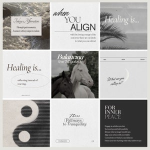 Op de afbeelding: Een collage van afbeeldingen met tekst over genezing, uitlijnen met het universum, het balanceren van chakra's en het vinden van innerlijke vrede. De afbeeldingen omvatten een yin-yang symbool, twee paarden en een halve maan.
