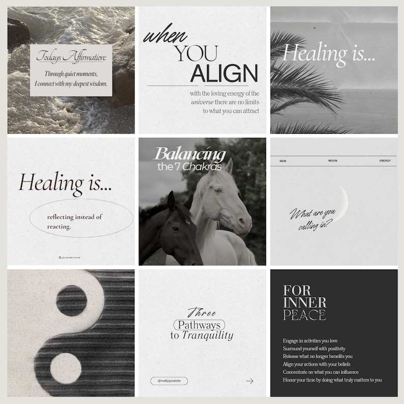 Op de afbeelding: Een collage van afbeeldingen met tekst over genezing, uitlijnen met het universum, het balanceren van chakra's en het vinden van innerlijke vrede. De afbeeldingen omvatten een yin-yang symbool, twee paarden en een halve maan.