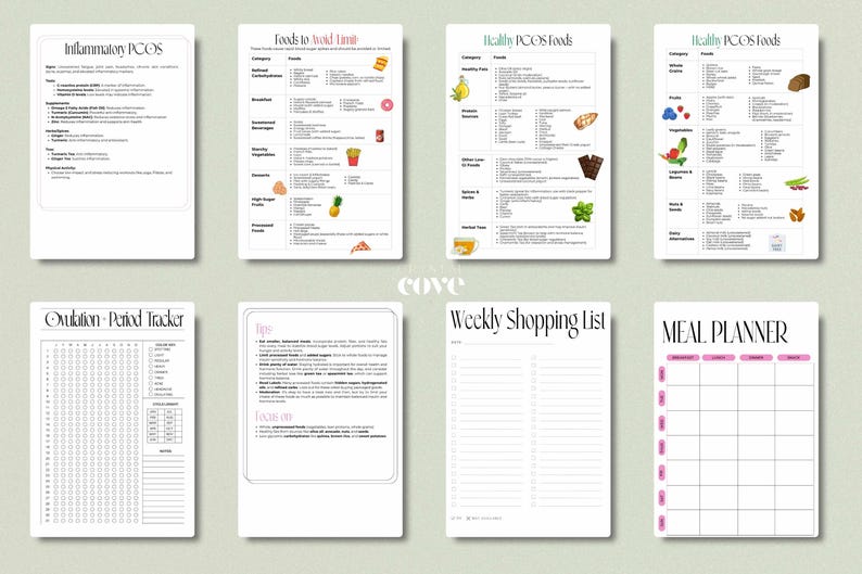 Pu&ograve; includere: Fogli di calcolo stampabili per tenere traccia dell'ovulazione e del ciclo mestruale, pianificare i pasti e creare un elenco della spesa settimanale. I fogli di calcolo includono informazioni sul PCOS infiammatorio, gli alimenti sani per il PCOS e gli alimenti da evitare.