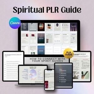 May include: A digital guide titled "Spiritual PLR Guide" displayed on various devices, including a tablet, laptop, and smartphone. The guide's pages are visible, with the text "How to Connect with Your Spirit Guides" and "Examples of High Vibration States". A "PLR Guide" badge is also present.