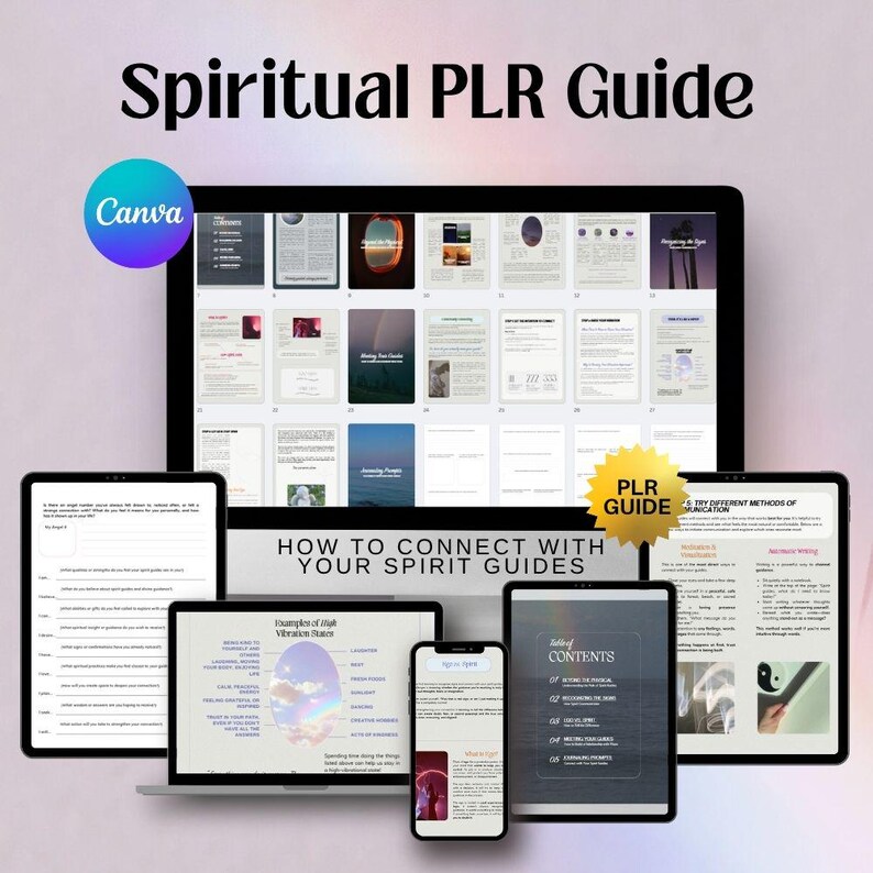 May include: A digital guide titled "Spiritual PLR Guide" displayed on various devices, including a tablet, laptop, and smartphone. The guide's pages are visible, with the text "How to Connect with Your Spirit Guides" and "Examples of High Vibration States". A "PLR Guide" badge is also present.