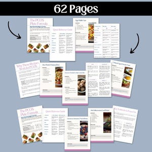 Puede incluir: Una colecci&oacute;n de 62 p&aacute;ginas de recetas y gu&iacute;as, incluyendo "The PCOS Plate Formula" y "Quick Reference Guide". Las p&aacute;ginas presentan im&aacute;genes de comida y texto, con una combinaci&oacute;n de colores lila claro y blanco. El texto "62 Pages" est&aacute; en la parte superior.