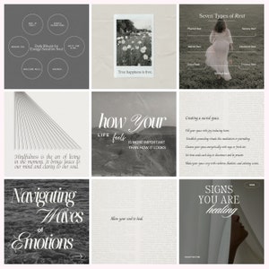 Op de afbeelding: Een collage van negen afbeeldingen met inspirerende citaten en tekst over mindfulness, zelfzorg en genezing. De afbeeldingen omvatten een bloemenveld, een persoon die in de natuur loopt en een close-up van een golf.