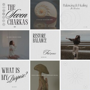 May include: A collage of images with text about chakras, restoring balance, finding peace, and discovering your purpose. The images include a seashell, a woman meditating, a mushroom, and a chart with circles.
