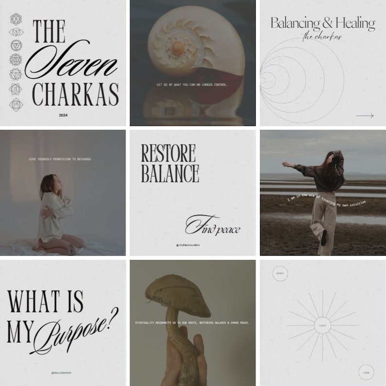 May include: A collage of images with text about chakras, restoring balance, finding peace, and discovering your purpose. The images include a seashell, a woman meditating, a mushroom, and a chart with circles.