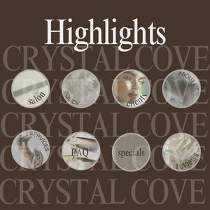 May include: A graphic design for a business called Crystal Cove. The design features a series of white circles with text inside each circle. The text includes: salon, policy, clients, about me, services, FAQ, specials, and reviews. The text is in a modern, minimalist font.