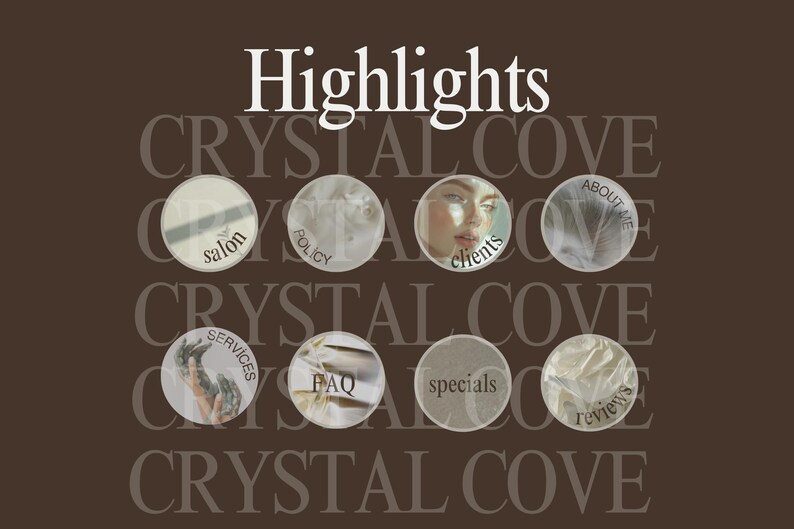 May include: A graphic design for a business called Crystal Cove. The design features a series of white circles with text inside each circle. The text includes: salon, policy, clients, about me, services, FAQ, specials, and reviews. The text is in a modern, minimalist font.