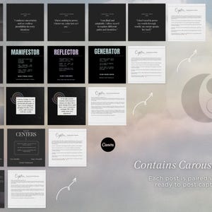 May include: A digital marketing carousel post template for Human Design. The template includes a variety of images and text, including the words "Life Lessons", "What is Human Design?", "Centers", "Manifester", "Reflector", "Generator", and "Caption".