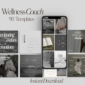 Op de afbeelding: Een set van 90 wellness coach-sjablonen voor sociale media. De sjablonen bevatten een verscheidenheid aan onderwerpen, waaronder het navigeren door emoties, het balanceren van chakra's, gratis stemmingboosters, dagelijkse rituelen voor energiegevoelige zielen, holistische praktijken en tekenen dat je geneest. De sjablonen zijn ontworpen in een minimalistische stijl met een zwart-wit kleurenschema.