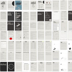 K&ouml;nnte beinhalten: Ein schwarz-wei&szlig;er druckbarer Planer mit dem Titel "ADHD Planner" und einer schwarz-wei&szlig;en Illustration einer Fee. Der Planer enth&auml;lt Abschnitte f&uuml;r Tagebuchf&uuml;hrung, Selbstpflege und w&ouml;chentliche Checklisten.