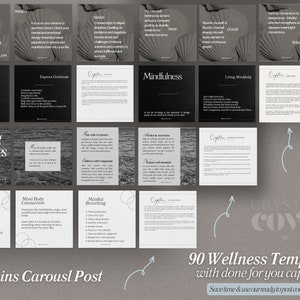 Op de afbeelding: Een set van 90 wellness-sjablonen met bijschriften voor sociale media. De sjablonen zijn in zwart-wit met een grijze achtergrond. De tekst bevat zinnen als "Dankbaarheid", "Mindfulness", "Mind-Body Connection" en "Navigeren door de golven van emoties".