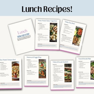 Puede incluir: Tarjetas de recetas para ideas de almuerzo, que incluyen un Protein-Packed Chicken Veggie Bowl, un Turkey Taco Bowl y un Hummus & Veggie Wrap. El t&iacute;tulo "Lunch Recipes!" se muestra en la parte superior.