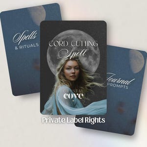 May include: Three digital printable cards with a moon and stars background. The cards are titled "Spells & Rituals", "Cord Cutting Spell", and "Journal Prompts". The text "Crystal Cove" is also visible on the cards.