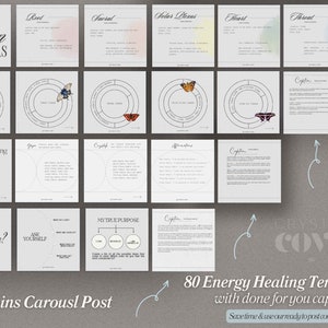 May include: A set of 80 energy healing templates with captions for social media. The templates feature a variety of designs, including circles, butterflies, and text. The templates are designed to help people heal and balance their energy.