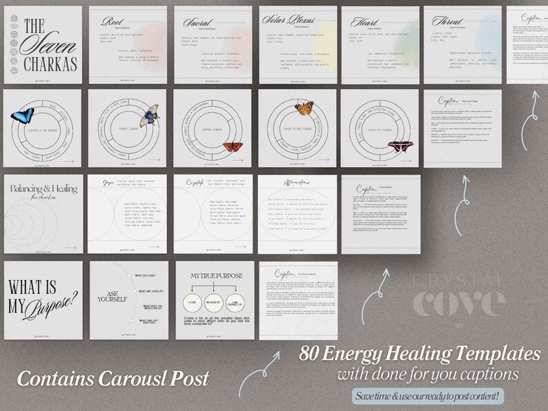 May include: A set of 80 energy healing templates with captions for social media. The templates feature a variety of designs, including circles, butterflies, and text. The templates are designed to help people heal and balance their energy.