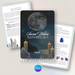 May include: A set of printable cards with instructions for a full moon bath ritual. The cards feature a full moon, candles, and crystals. The text on the cards includes "Sacred Waters Bath Rituals", "Full Moon Bath", "Blue Calm and Communication", and "Indigo Spiritual Awakening".