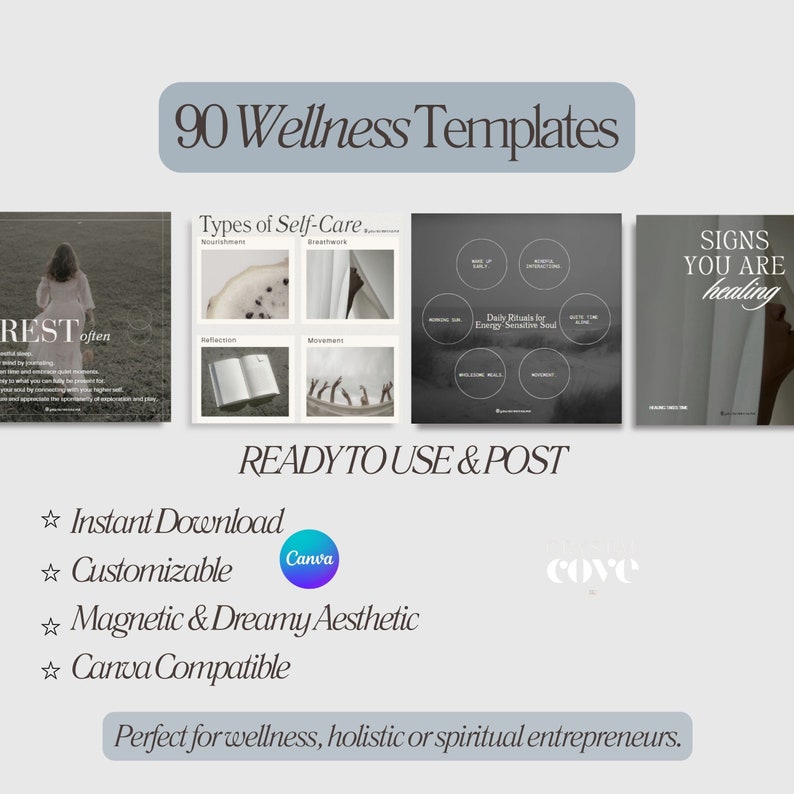 Op de afbeelding: Een set van 90 wellness-social media-sjablonen voor Canva. De sjablonen hebben een minimalistische esthetiek met een neutraal kleurenpalet. De tekst op de sjablonen bevat zinnen als "REST often", "Types of Self-Care", "Dagelijkse rituelen voor energiegevoelige zielen" en "Tekenen dat je geneest".