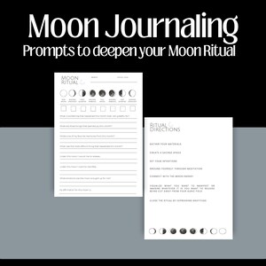 May include: Black and white printable journal prompts for a moon ritual. The journal prompts include questions about gratitude, joy, memories, and release. The printable also includes instructions for a moon ritual, including gathering materials, creating a sacred space, setting intentions, grounding, connecting with moon energy, visualizing, and expressing gratitude.