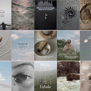 Puede incluir: Una colecci&oacute;n de im&aacute;genes con texto relacionado con la respiraci&oacute;n y la atenci&oacute;n plena. Las im&aacute;genes presentan citas, elementos naturales como el mar y el cielo, e ilustraciones de conchas y f&oacute;siles. La paleta de colores es suave y terrosa.