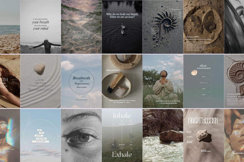 Puede incluir: Una colecci&oacute;n de im&aacute;genes con texto relacionado con la respiraci&oacute;n y la atenci&oacute;n plena. Las im&aacute;genes presentan citas, elementos naturales como el mar y el cielo, e ilustraciones de conchas y f&oacute;siles. La paleta de colores es suave y terrosa.