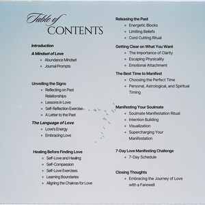 May include: A table of contents for a guide on manifesting love. The guide covers topics such as releasing the past, getting clear on what you want, the best time to manifest, manifesting your soulmate, a 7-day love manifesting challenge, and closing thoughts.